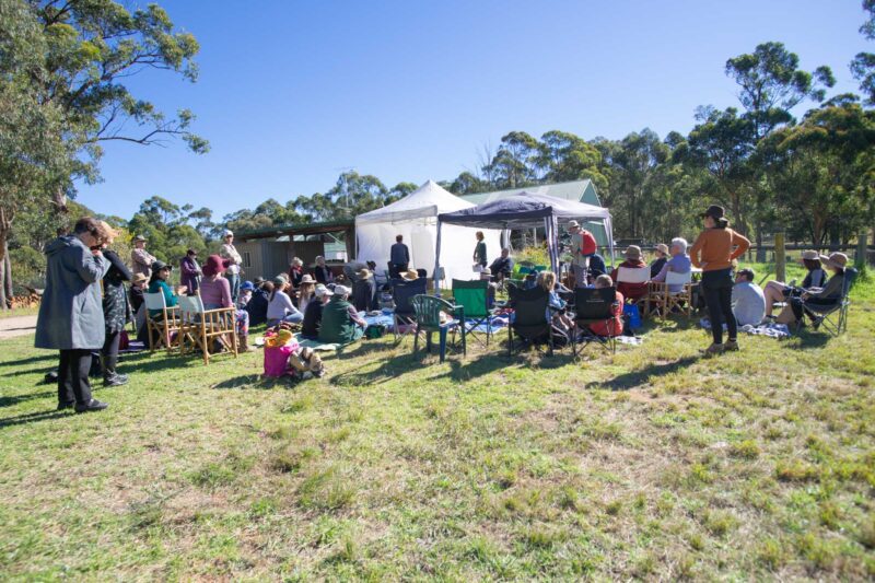 Large group of people having a picnic on a sunny day. People are sat on picnic blankets, others on camping chairs.