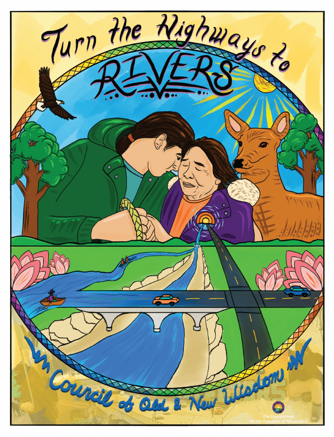 Illustration of two people holding hands. A river and highway flow from the woman's heart.