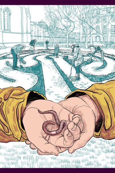 Illustration of a pair of hands holding a worm, with a group of people creating a labyrinth in the background.