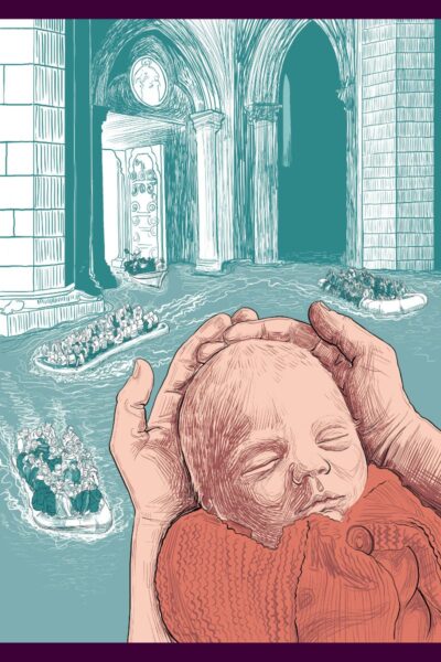 Illustration of hands holding a baby who is sleeping, with people on boats on water coming out of a cathedral in the background.