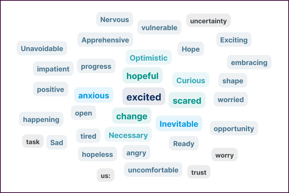 Word cloud showing a range of response to the question in the article before the assembly, with the most common words being 'excited', 'hopeful', 'scared', 'anxious'