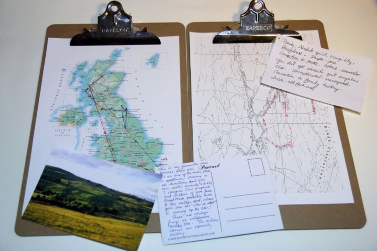 Maps on clipboards with postcards