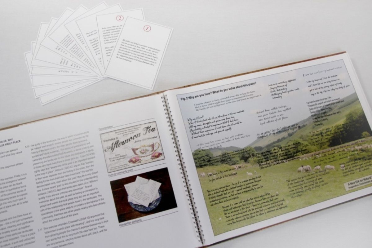 An open book with images and writing next to a set of cards
