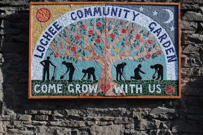 Lochee community garden mosaic, with the text 'Come grow with us' on the bottom.