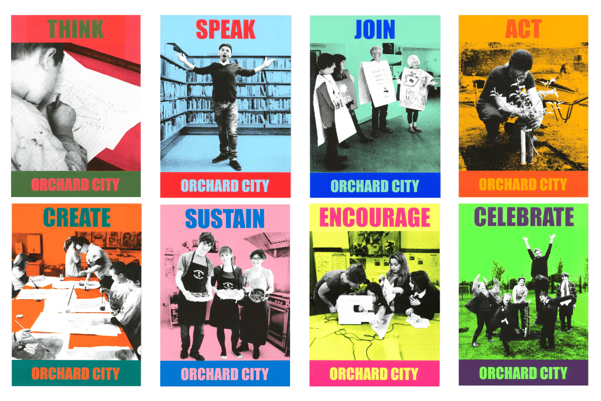 Eight colourful Orchard City posters.