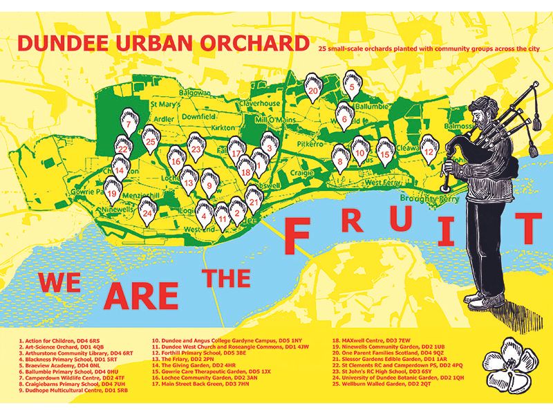 Yellow map of Dundee Urban Orchards.