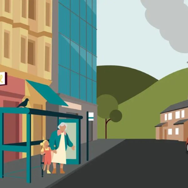 Illustration of a woman and child at a bus stop with smoke from an industrial chimney in the background