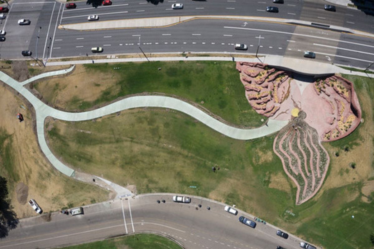 A bird's eye view of the public artwork The Draw with roads around it