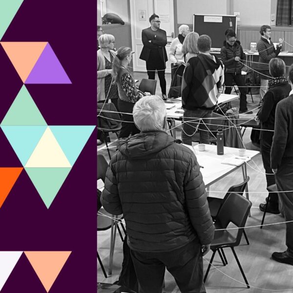 People in a workshop connected by string.