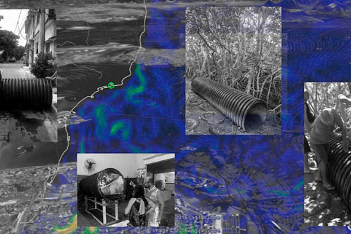 An artistic photocollage showing images of a black pipe against a thermal-map background.