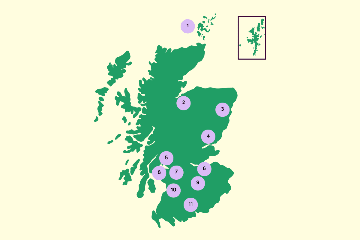 A map of Scotland with 11 circles marking locations where SPRINGBOARD local assemblies have happened. The locations from top to bottom are Orkney, Inverness, Aberdeen and the Shire, Dundee, Argyll and Bute, Edinburgh, Glasgow, Inverclyde, The Scottish Borders, Ayrshire, Dumfries and Galloway.