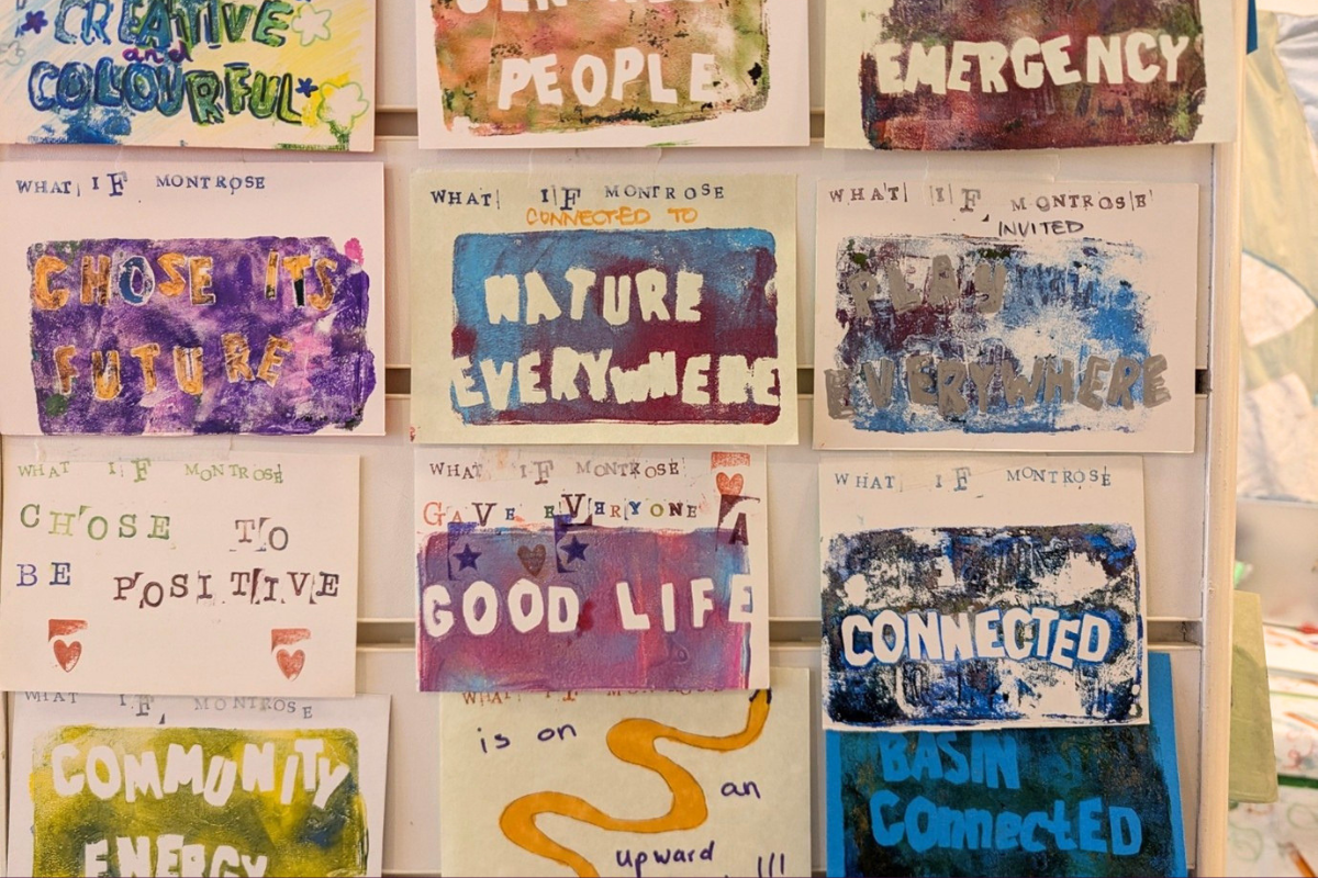 An image showing Eve Mosher's 'What if' postcards pinned up on a wall. They're very colourful, and endearingly messy.