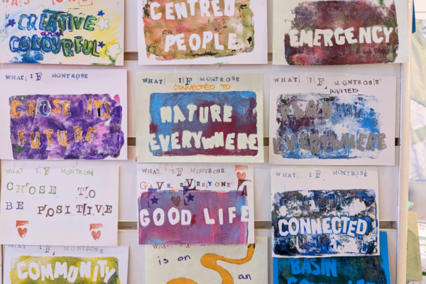 Pictures showing a selection of cards headed with the words 'what if Montrose...' that people have decorated with phrases saying 'centred people', 'connected to nature everywhere', 'gave everyone a good life', 'was prepared for any emergency'.