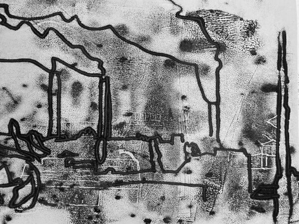 Black and white print of an industrial landscape.