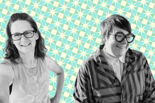 Eve Mosher and Gabby Morris in black and white, both wearing glasses, one in a sleeveless shirt and the other in a patterned jacket, pose in front of a teal and cream geometric star pattern background.